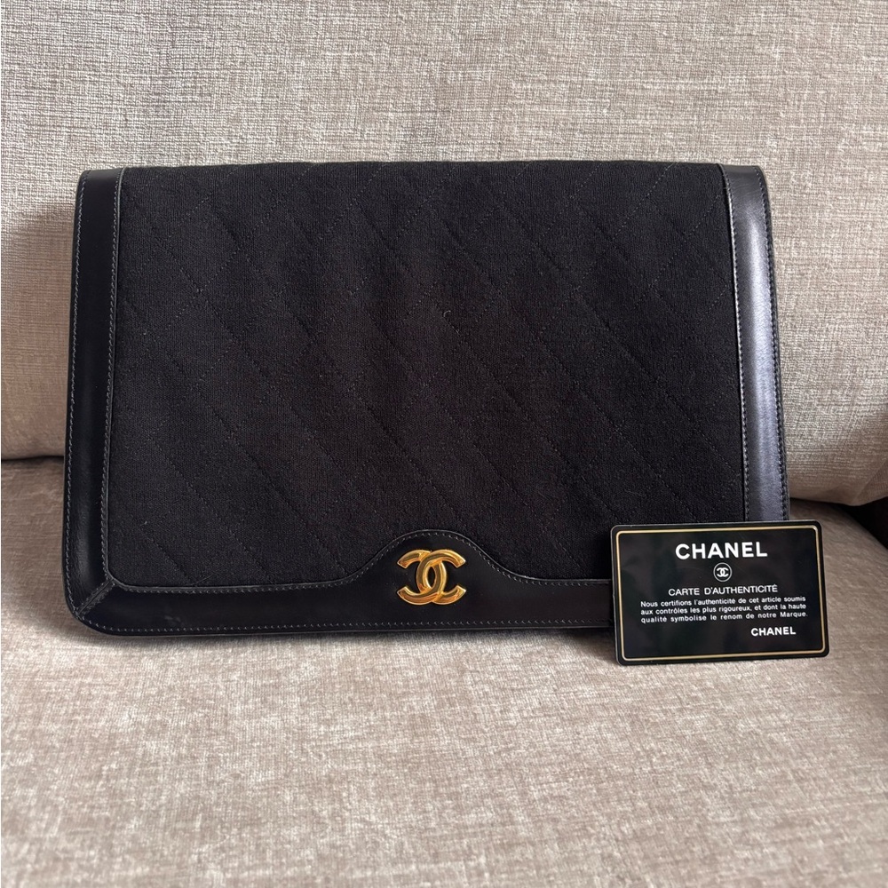 Authentic CHANEL coco mark cotton jersey push lock black leather vintage clutch